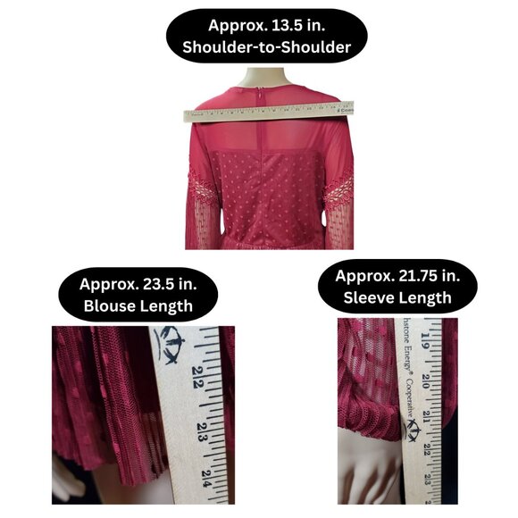 B.K.E. Boutique Burgundy Lace-Up Peplum Blouse | Sheer Dot Sleeves | Women’s M - Picture 5 of 7